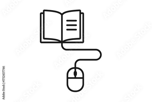 E-learning concept icon with book and computer mouse. Online education, digital library, and webinar symbol. Thin line vector illustration for online reading or articles.