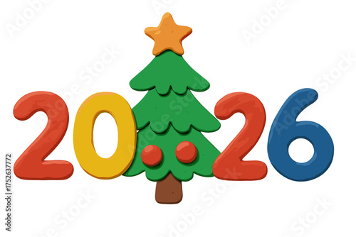 Number 2026 with Christmas tree for New Year. Handmade plasticine clay design. Naive childish style cartoon illustration. Festive holiday element for kids on transparent background.