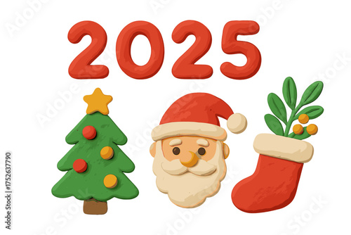Christmas 2025 New Year set. Cute plasticine 3D cartoon icons. Clay Santa Claus, Xmas tree, stocking. Winter holiday childish design elements. Greeting card vector illustration.