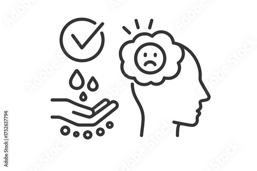 Obsessive compulsive disorder icon. OCD concept with intrusive thoughts, anxiety. Mental health. Repetitive behavior, compulsion metaphor. Hand washing. Psychology pictogram.
