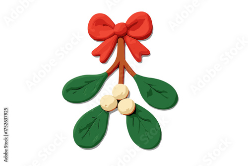 Christmas mistletoe with red bow claymation. Handmade plasticine winter holiday decoration. Cute childish craft style vector illustration isolated on white background.