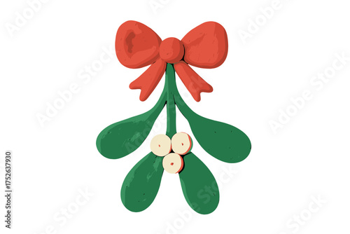 Mistletoe clay Christmas decoration. Plasticine 3D art graphic. Naive childish handmade style. Festive holiday symbol with red bow. Winter romance kiss tradition plant.