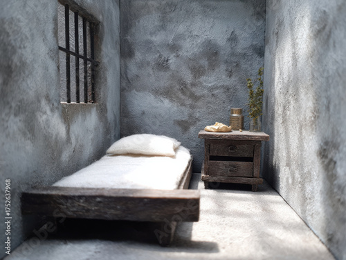 Prison cell interior with simple bed, pillow, wooden nightstand, and barred window casting shadows on concrete walls