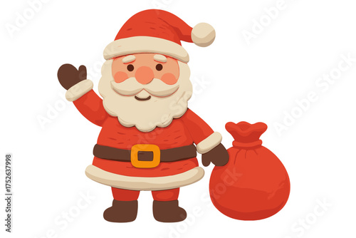 Santa Claus waving with gift sack, Christmas clay plasticine toy in naive childish style, isolated cartoon vector illustration with transparent background, holiday festive character