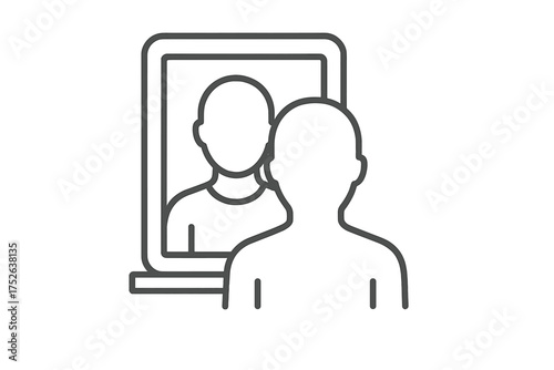 Self-reflection icon vector. Thin line illustration representing self-awareness, identity, introspection, personal growth, and inner thinking. Person looking into mirror concept.