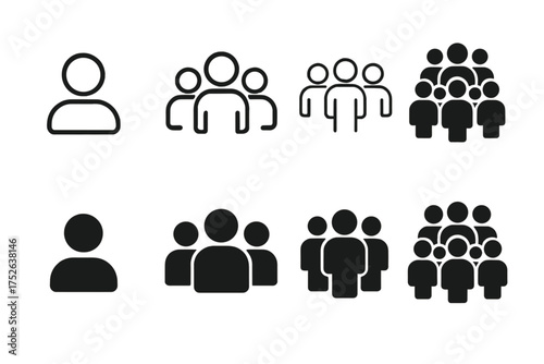 Set of vector icons of individual person, small team, group, and crowd in four modern styles, multiple people silhouettes, team concept, social community, diverse avatars