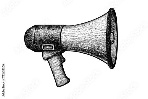 Retro electric megaphone side view isolated on transparent background, vintage black and white halftone dotted collage element for mixed media design and zine art style illustration