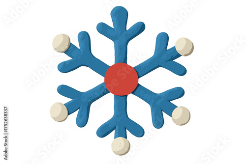 Colorful snowflake Christmas clay element in naive childish style, plasticine toy with blue branches, red center and white tips, isolated vector cartoon illustration, festive winter decoration