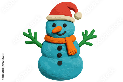 Playful blue snowman with red Santa hat and orange scarf, green twig arms, plasticine clay style winter cartoon toy illustration, Christmas decoration, festive character