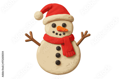 Cute Christmas snowman in clay style with red Santa hat and scarf, hand-crafted plasticine toy illustration, festive winter cartoon character, isolated vector