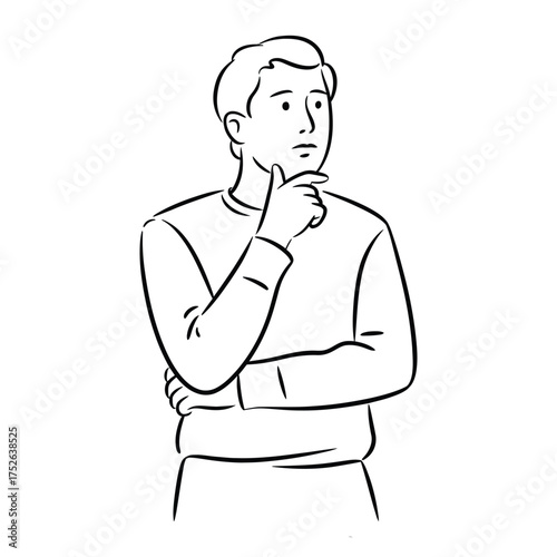 Man in simple line drawing contemplating with hand on chin and crossed arms