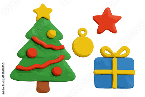 Christmas clay elements collection in naive childish style, including decorated Christmas tree, red star, yellow bauble, and blue gift box with bow, isolated vector cartoon plasticine toys