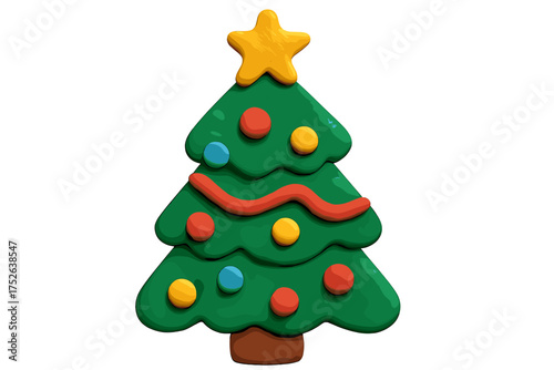 Colorful Christmas tree made of clay plasticine with star on top, festive cartoon ornament decorated with bright balls and garland, holiday celebration vector illustration