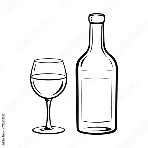 Simple line drawing of a wine glass filled with liquid next to a bottle