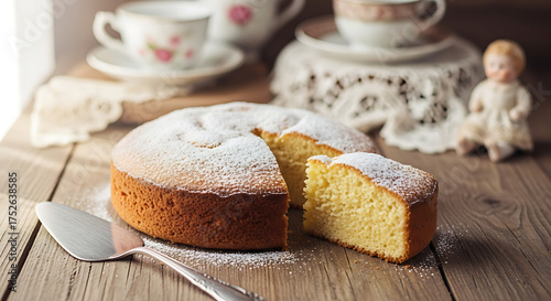 Delicious homemade sponge cake dusted with powdered sugar on a rustic wooden table with vintage teacups and a doll a classic tea time dessert for family gatherings and celebrations