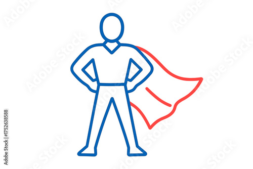 Strong superhero with cape standing hands on hips. Leadership, heroism, protection, success, willpower, charisma, power concept vector icon in blue and red