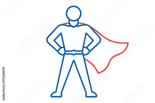 Superhero standing with hands on hips wearing red cape, symbol of strength, protection, heroism, leadership, charisma, success, and willpower in blue and red line art vector icon