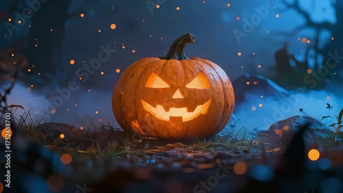 Spooky glowing jack-o'-lantern pumpkin with a carved face and eerie mist on a dark, magical night