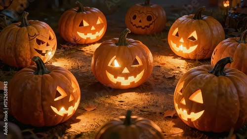 Illuminated Jack-o'-lanterns arranged in a circle, glowing warmly in the dark, creating a spooky and festive Halloween atmosphere