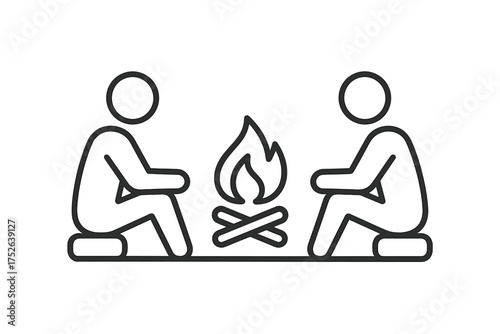 Two People Sitting by Campfire Icon, Thin Line Editable Stroke Vector for Camping, Outdoor Adventure, Hiking, Bonfire, Wilderness Survival Experience, Hiking Gear