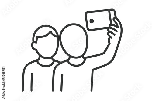 Two people taking selfie icon, thin line editable stroke vector illustration for social media, smartphone photography, group portrait, friendship memory, modern digital culture
