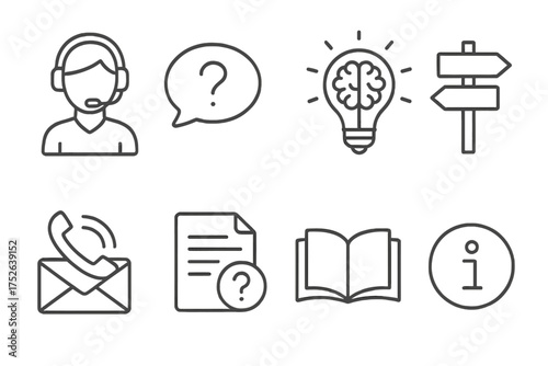 User support and info icon set with thin editable line stroke for help center, FAQ, customer assistance, knowledge base, guidance, contact, answers, information symbols