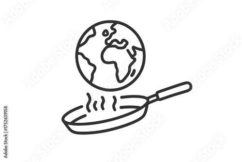 Global warming concept illustration. Thin line vector icon in outline linear stroke style showing Earth globe cooking in frying pan symbolizing climate change heat crisis and environmental danger.
