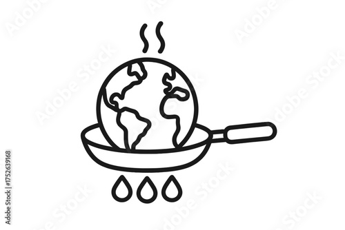 Global warming concept vector illustration. Outline linear stroke icon of Earth globe being cooked in a frying pan, environmental heating. Climate change symbol with heat and gas droplets.