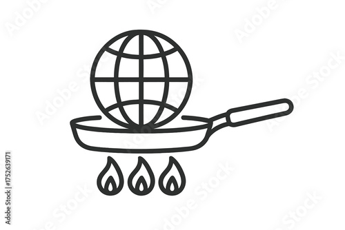 Thin line icon outline of a globe cooking in frying pan with flames, global warming concept, climate change illustration, environment heat, sustainable world symbol