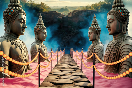 Buddha statues along stone path in surreal pink blue spirituality