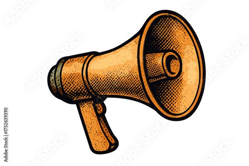Vintage megaphone with dotted halftone effect, 3D loudspeaker isolated element for announcements, public attention, broadcast message, retro cartoon style vector illustration