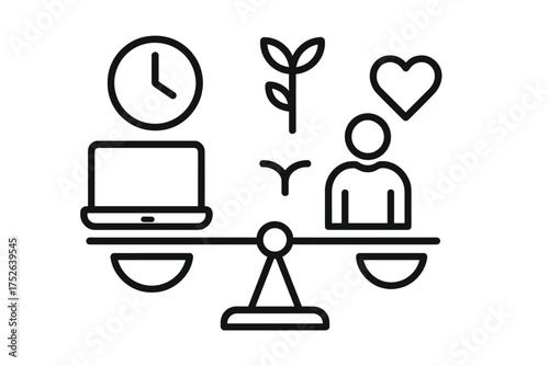 Work life balance icon vector, thin line illustration of healthy routine with clock, laptop, plant, person with heart symbol, lifestyle management and personal time equilibrium