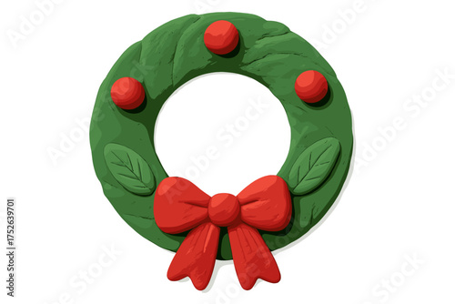 Christmas wreath with red bow and berries, clay handmade style, festive holiday decoration, naive childish plasticine art, isolated vector cartoon illustration, seasonal Xmas ornament design