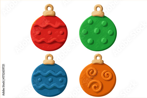 Colorful Christmas tree baubles set in playful clay style, handcrafted plasticine ornaments with spiral, wave, and dot patterns, festive holiday decoration vector illustration