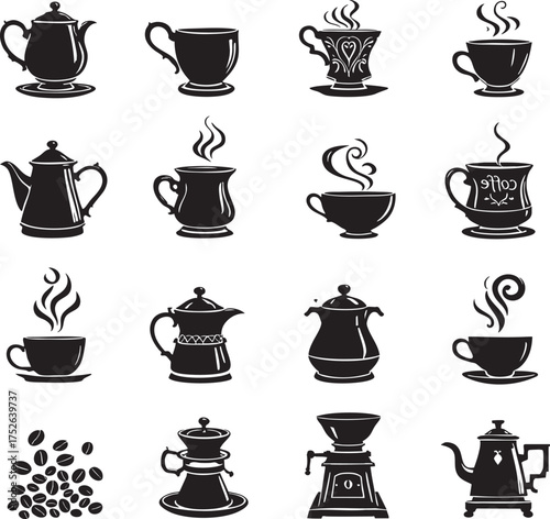 Wallpaper Mural A collection of black and white coffee related items including cups pots and coffee beans arranged neatly Torontodigital.ca