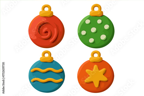 Christmas clay ornament balls, colorful holiday decorations in naive childish style, plasticine texture cartoon vector, isolated Xmas tree baubles set with swirl, dots, waves, star patterns