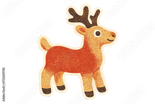 Christmas torn paper sticker with naive halftone collage style, vintage clay toy reindeer with antlers, cartoon illustration, festive holiday decoration with transparent background