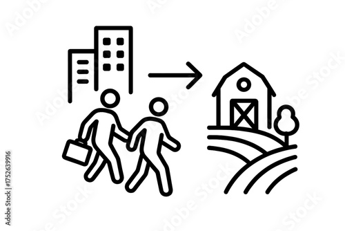 Urban to Rural Migration Icon, Two People Moving from City Buildings to Countryside Farm, Lifestyle Change Concept, Vector Thin Line Illustration Showing Shift from Urban Life to Farming and Nature