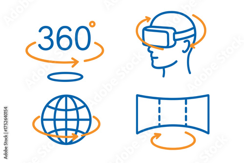 360 degrees view and virtual reality line icon set. VR headset, panorama, and globe symbols. Metaverse, augmented reality and immersive experience concept. Vector illustration.
