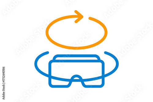 360 degree panoramic VR icon. Virtual reality 360º view visualization. VR headset with rotation arrows. Linear vector graphic in blue & orange. Immersive technology symbol.