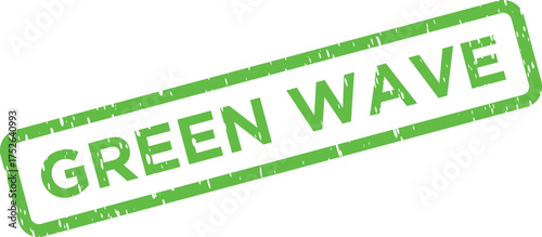 An eye catching green grunge textured rubber stamp imprinted with the words GREEN WAVE stands out on white