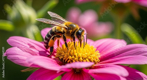 Honeybee collecting pollen from a vibrant pink flower in a sunny garden generative ai
