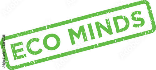 A bright green weathered rubber stamp features the phrase ECO MINDS in strong capital lettering, suggesting environmentally conscious thinking