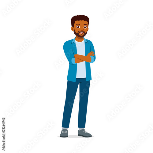 Confident African American Man Standing with Arms Crossed and a Warm Smiling Expression Wearing Casual Attire