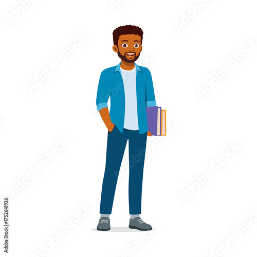 Smiling African American Man Standing Holding Books Education Studying Isolated Illustration