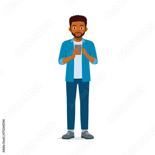 African man holding smartphone standing pose staring focused technology communication connection