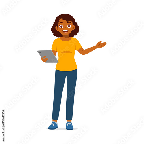 African American woman holding tablet presenting with hand gesture illustration art