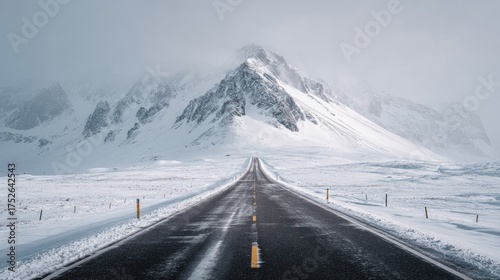 A vast, snow-covered road winds toward a majestic, icy mountain peak