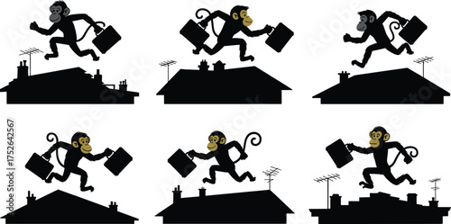 Cartoon monkeys in business suits leaping across rooftops with briefcases, urban silhouette illustration set, dynamic motion concept,backgr