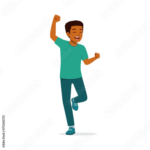 Excited African American boy celebrating success raising his arms and smiling cheerfully